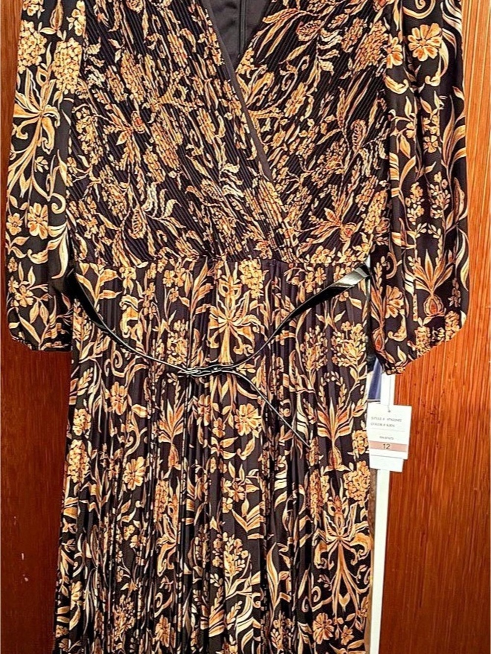 Gold Floral Midi Dress in Black & Orange Size 12 NWT
